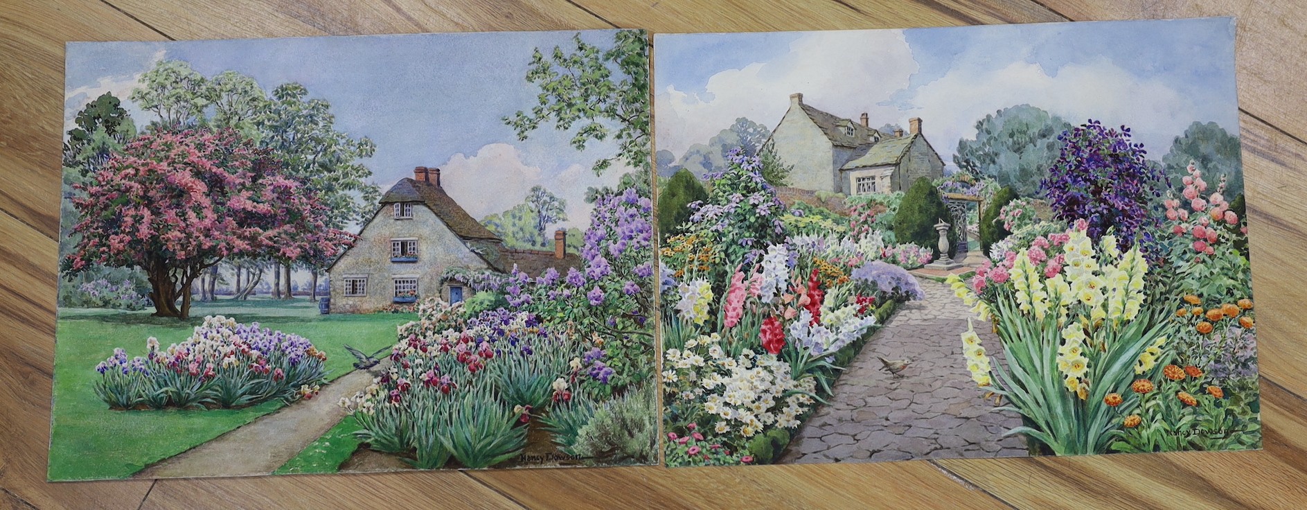 Nancy Dowson, British School, two watercolours, country gardens, signed, unframed, 30 x 40cm